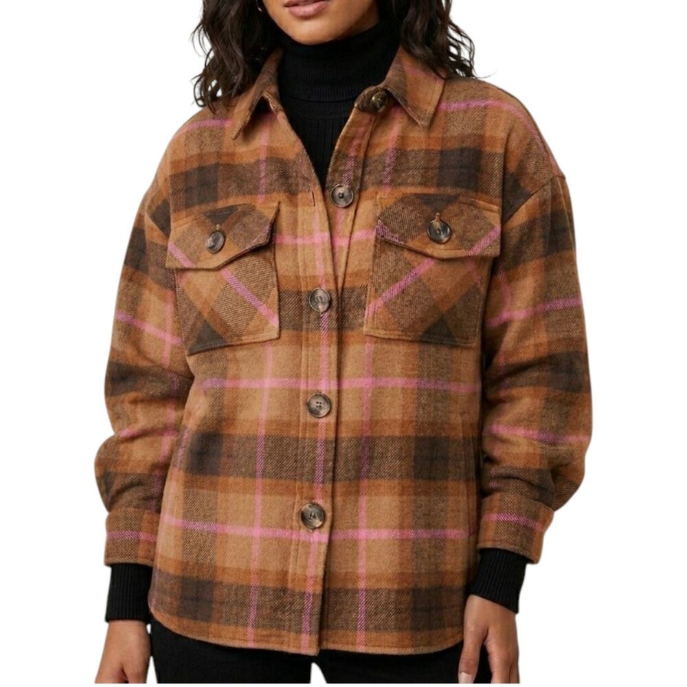 BB Dakota x Steve Madden Womens Small Shacket Tan Brown Pink Plaid Oversized